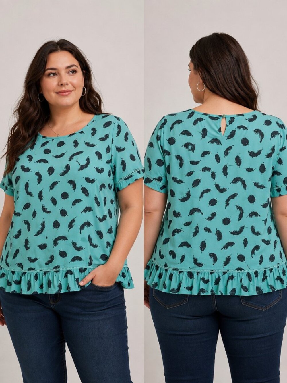 Torrid Teal Feather Print Ruffle Hem Blouse Size 2